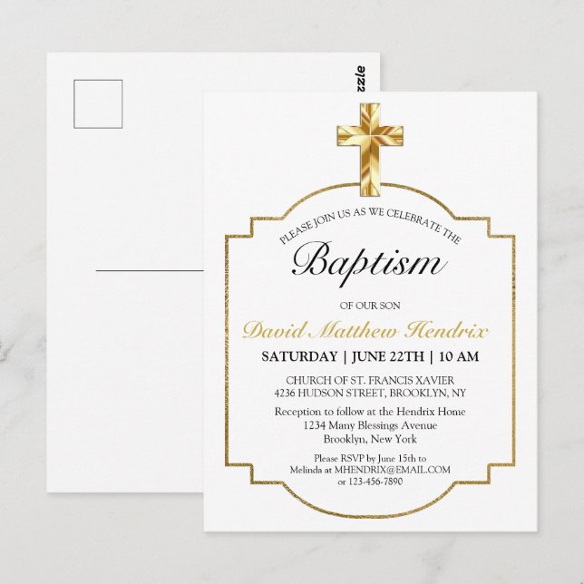 Simple Elegant Gold Cross Boys Baptism Invitation (Devant / Derrière)