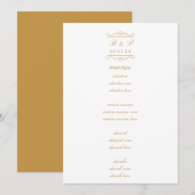 Simple Elegant Gold Monogram Wedding Menu Card (Devant / Derrière)