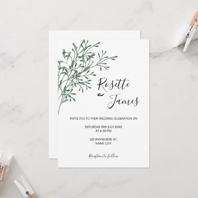 Simple Elegant Modern Greenery wedding Invitation (Devant/Arrière en situation)
