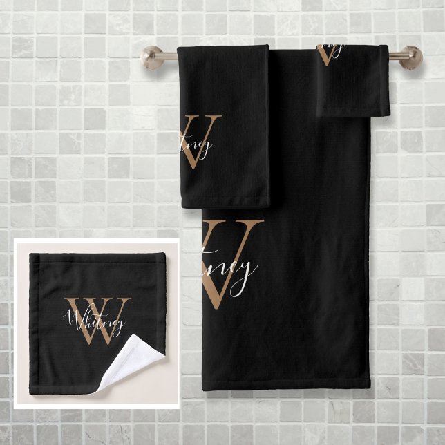 Simple élégant Script Monogramme Noir et Or (Simple Elegant Script Monogram Black and Gold Bath Towel Set)
