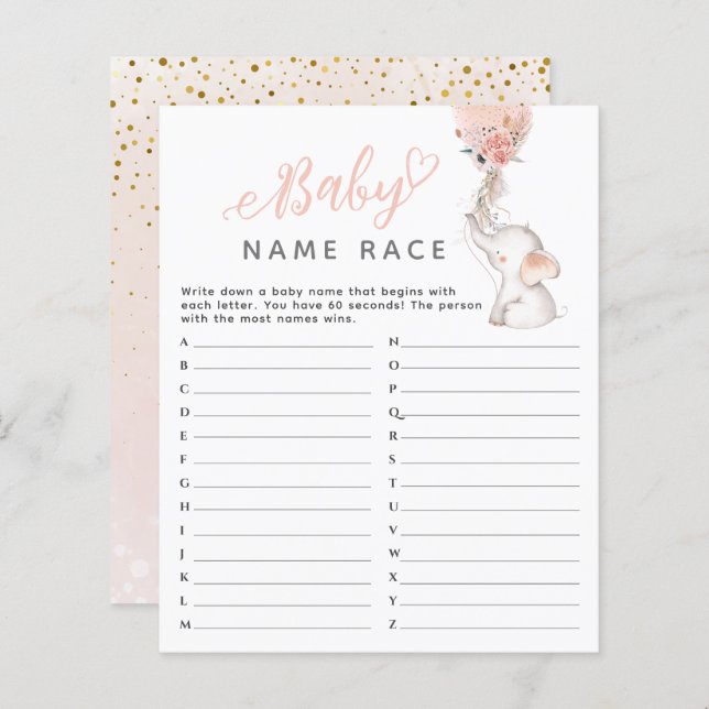 Simple Elephant & Balloon Baby Shower Game (Devant / Derrière)