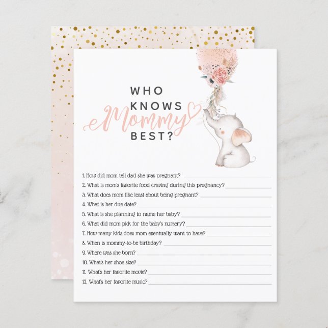 Simple Elephant & Balloon Baby shower Jeu (Devant / Derrière)