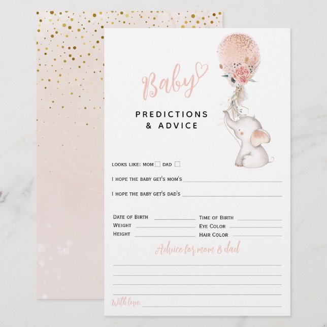 Simple Elephant & Balloon Girl Baby shower jeu (Devant / Derrière)