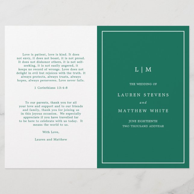 Simple Emerald Green Elegant Wedding Programme (Devant)