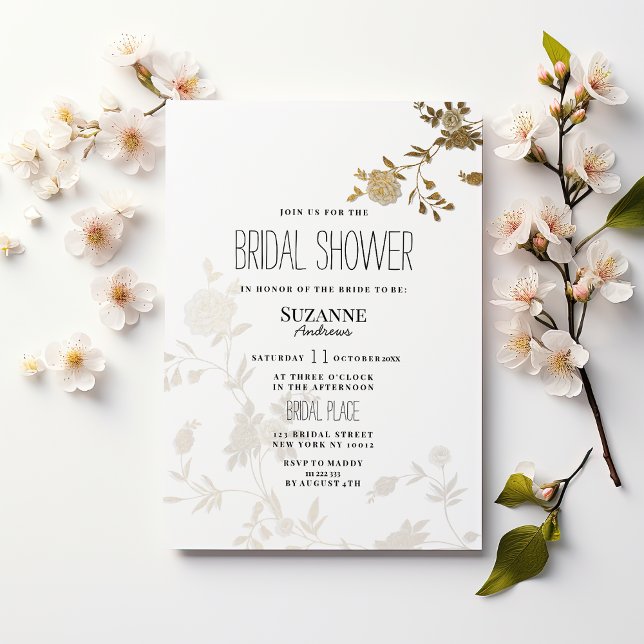 Simple et chic faire-part de fiançailles floral pa (Simple chic white gold glitter flora Bridal Shower)