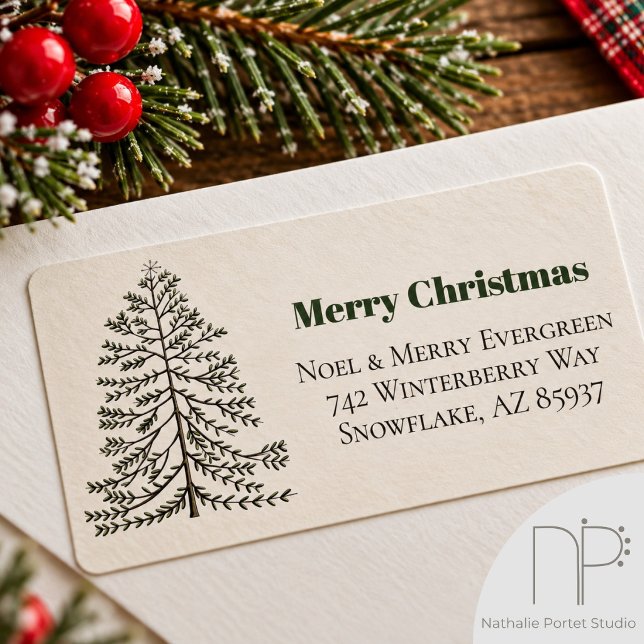 Simple étiquette d'adresse de retour d'arbre de No (Simple Hand Drawn Christmas Tree Return Address Label has tree art and custom green name and address)
