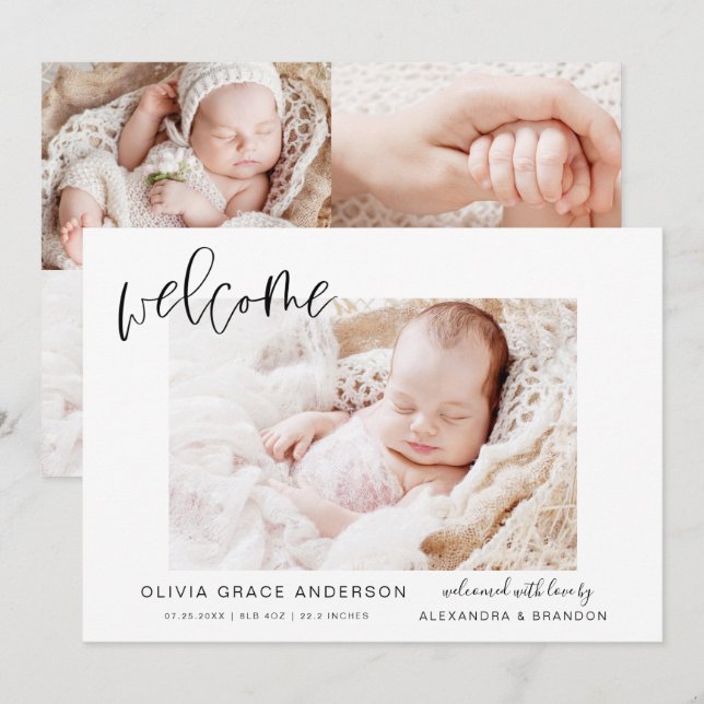 Simple Faire-part bébé Élégant Collage photo (Devant / Derrière)