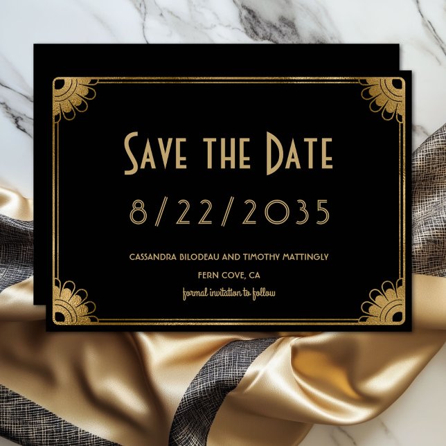 Simple Faire-Part de Mariage Art Déco en Or Noir (Elegant black and gold wedding Save the Date flat card)