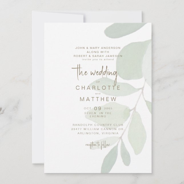 Simple Faire-Part de Mariage Eucalyptus Deux Paren (Devant)