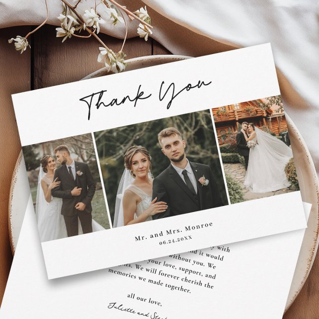 Simple faire-part de mariage manuscrit avec 3 phot (Simple handwritten three photo collage wedding thank you cards.)