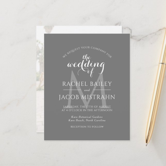 Simple Faire-part de mariage photo gris monogramme (Devant/Arrière en situation)