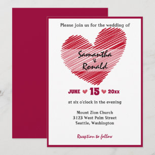 Simple Faire-part de mariage Sketchy Red Heart