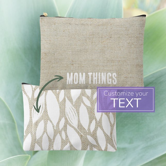 Simple fête des mères Sac cosmétique minimal lin (Mother's Day double-sided custom accessory pouch with white botanical accents is a unique gift )