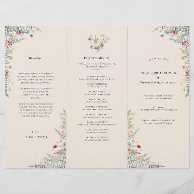 Simple Fleur sauvage Fern Beige Mariage Programme  (Devant)