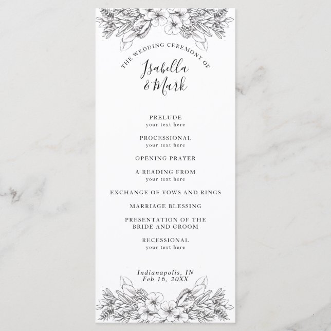 Simple Floral Black and White Wedding Programme (Devant)