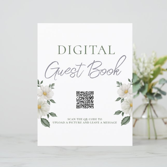 Simple Floral Digital Guest Book QR Code Sign (Debout devant)