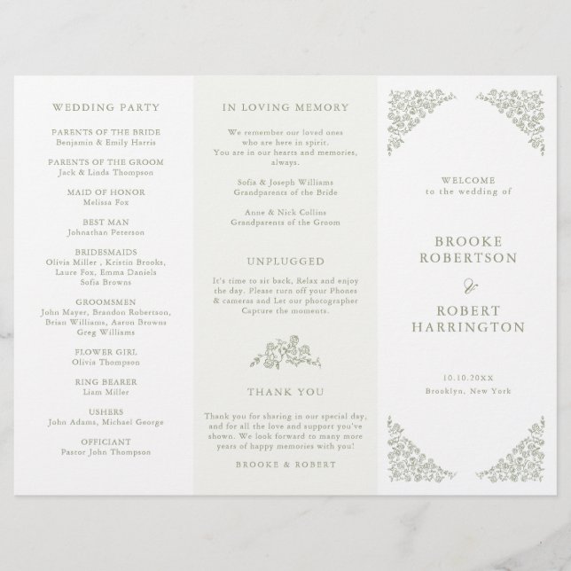 Simple Floral Sage Green Tri Fold Wedding Programm (Devant)