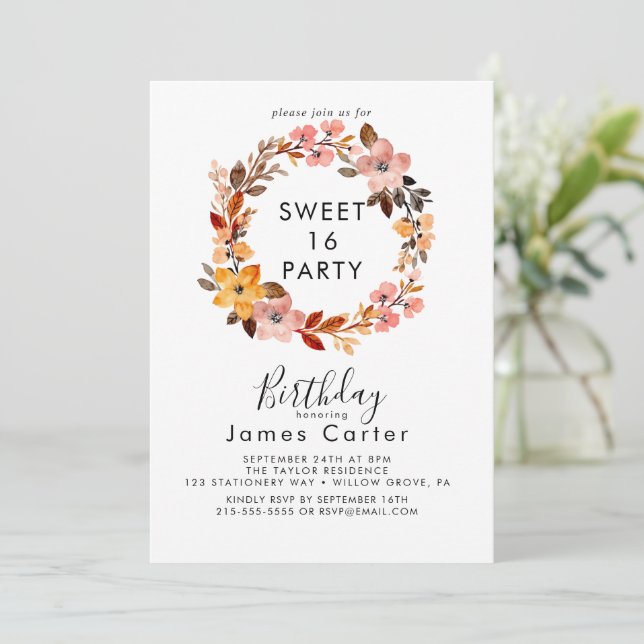 Simple Floral Sweet 16 Anniversaire Invitation (Debout devant)