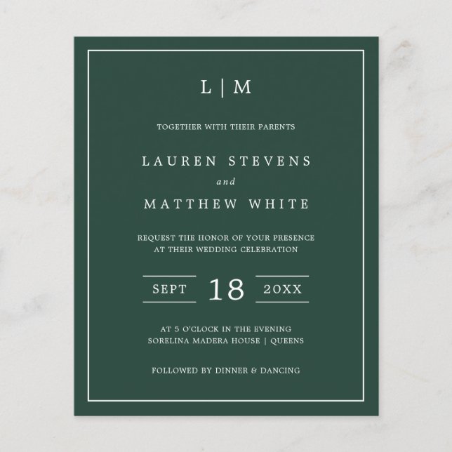 Simple Forest Green Monogramme Budget Mariage Invi (Devant)