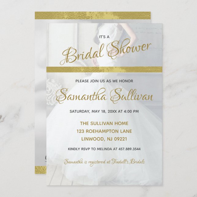 Simple Gold Accent Photo Bridal Shower Invitation (Devant / Derrière)