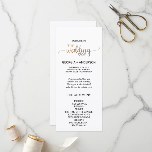Simple Gold Calligraphy Wedding Programme (Devant/Arrière en situation)