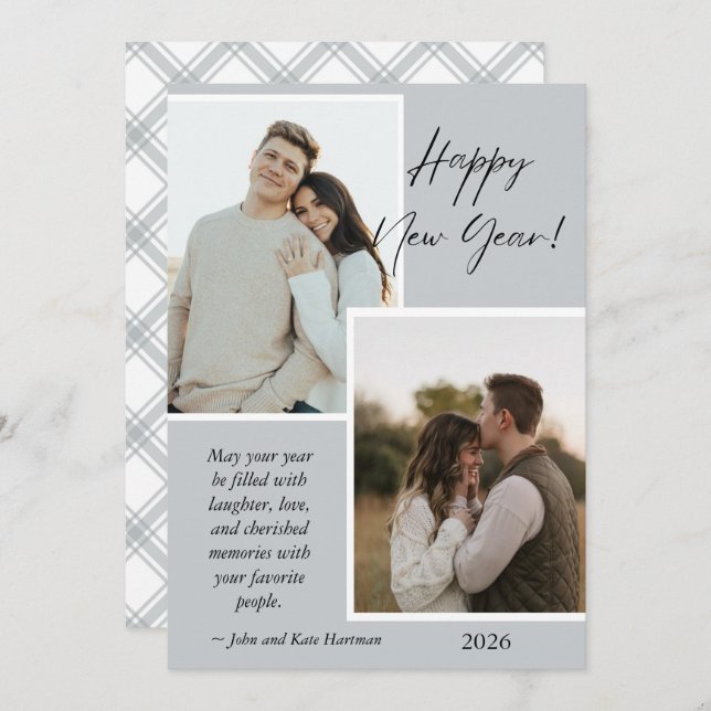 Simple Gray and White New Years Photo Collage Card (Devant / Derrière)