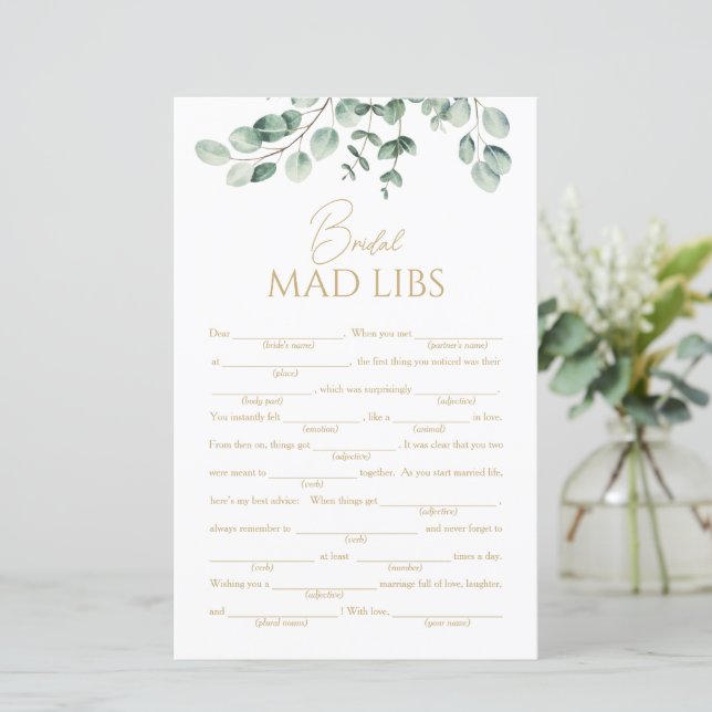 Simple Greenery Bridal Shower Mad Libs Game (Debout devant)