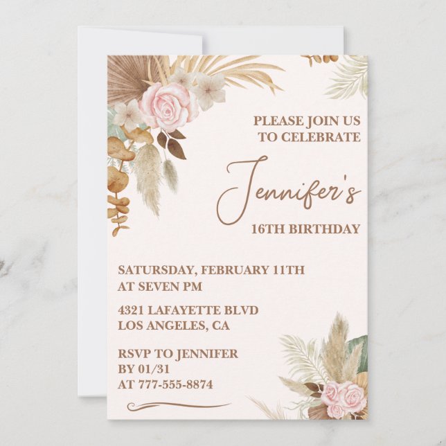 Simple invitation à 16e anniversaire Boho Floral m (Devant)