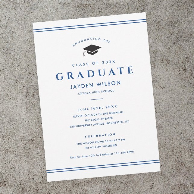 Simple Invitation de Remise des Diplômes Sportive  (Classic blue and white sporty graduation magnetic invitation announcements.)