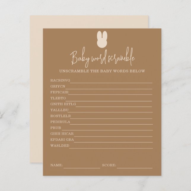 Simple lapin Mot Bébé Scramble | Jeu Baby shower (Devant / Derrière)