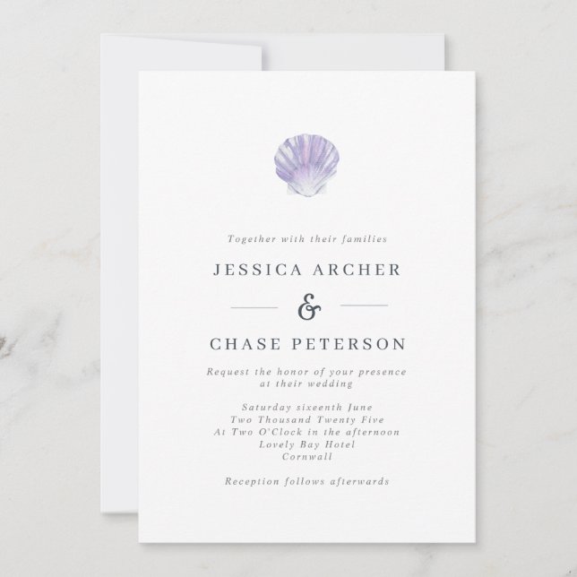 Simple Lilac Seashell Beach Mariage Invitation (Devant)