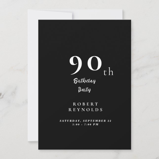 Simple Man's 90th Birthday Party Black Invitation (Devant)