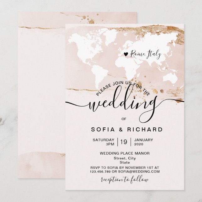 Simple Mariage Destination Monde Carte Aquarelle (Devant / Derrière)