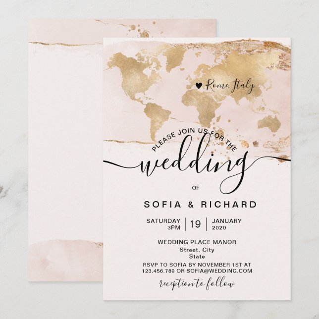 Simple Mariage Destination Monde Carte Aquarelle (Devant / Derrière)