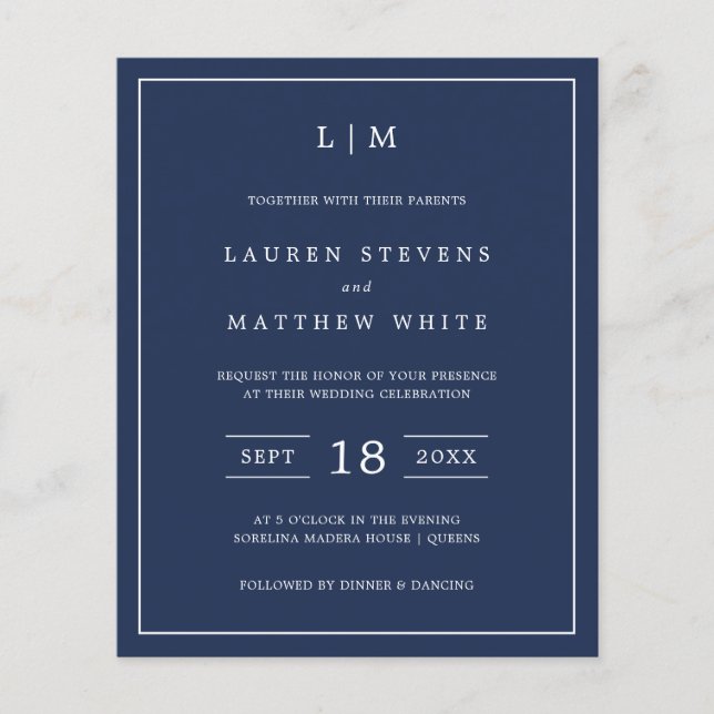 Simple Marine Blue Monogramme Budget Mariage Invit (Devant)