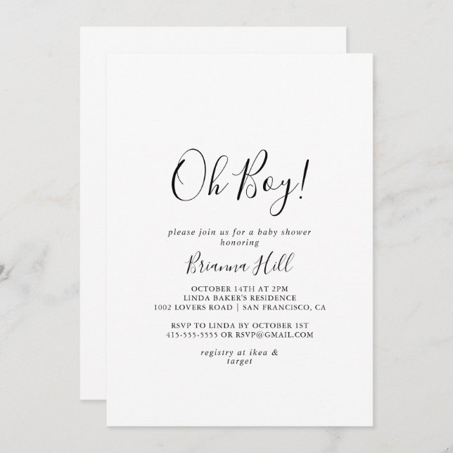 Simple minimaliste Oh Boy Baby shower Invitation (Devant / Derrière)