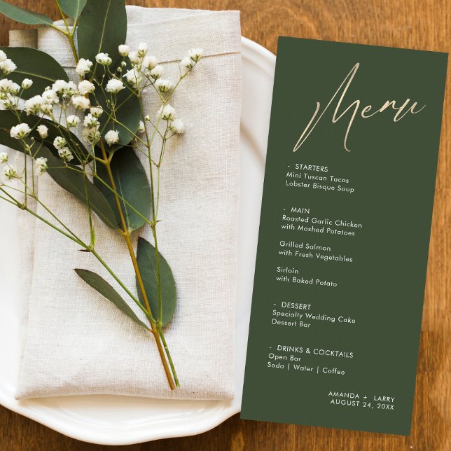 Simple & Modern Green and Gold Wedding Menu Card (Créateur téléchargé)