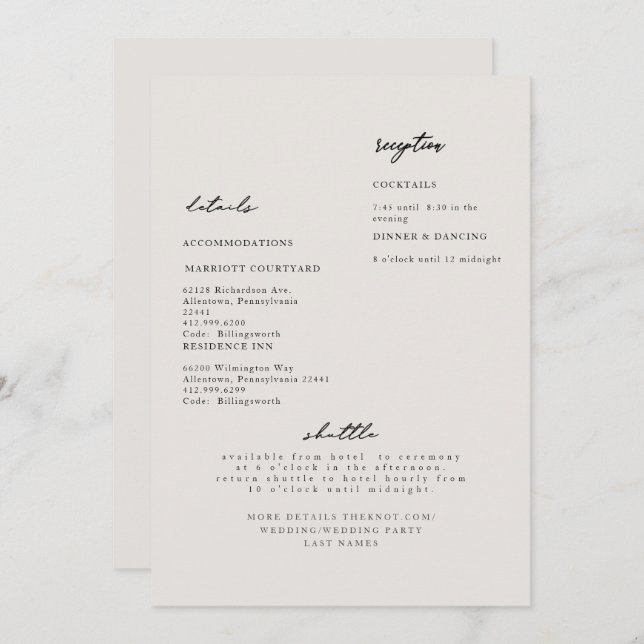 Simple moderne Beige Mariage détails Invitation (Devant / Derrière)