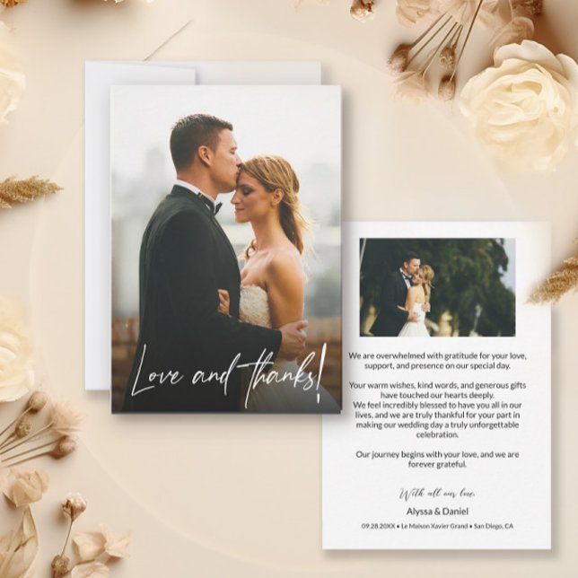 Simple moderne Mariage Photos Amour et Merci (Love and Thanks modern wedding photo thank you cards.)
