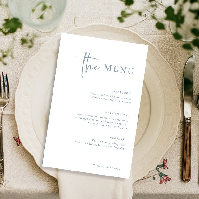 Simple Moderne Minimaliste | Menu de Mariage Bleu  (A modern and minimalist dusty blue and white wedding menu)