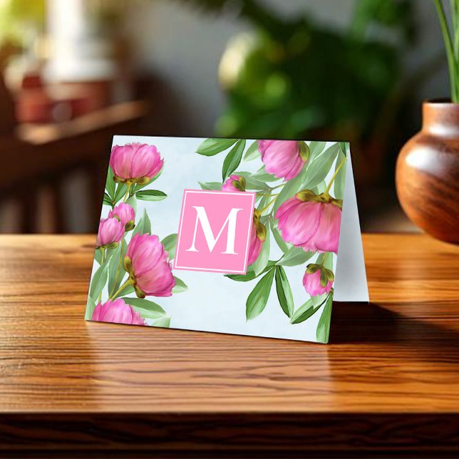 Simple Monogramme rose Floral Personnalisé (Simple monogram pink peonies note card. )