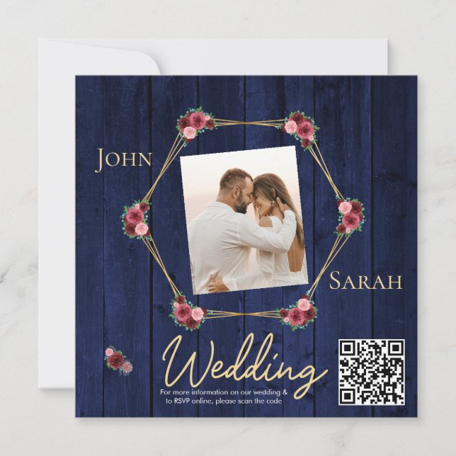 Simple Navy Blue Burgundy Photo Mariage QR Code (Devant)