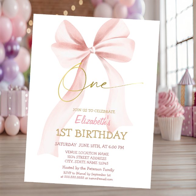 Simple Nœud Rose Rayures Invitation 1er Anniversai (Créateur téléchargé)