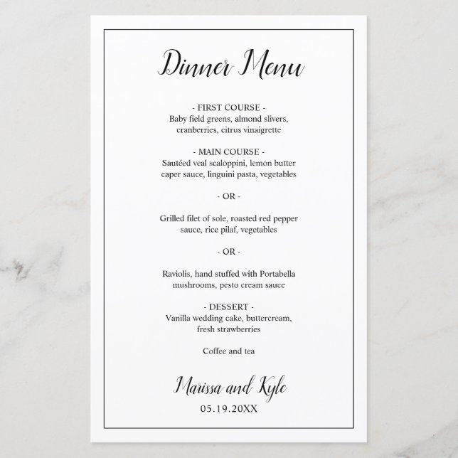 Simple Noir Blanc Moderne Elégant Menu Mariage (Devant)