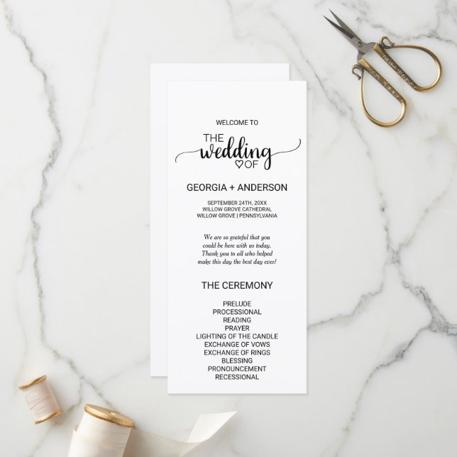 Simple Noir Calligraphy Wedding Programme (Devant/Arrière en situation)