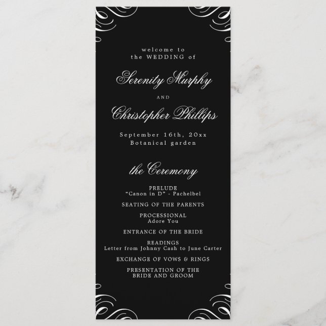 Simple noir et blanc Calligraphy Wedding Programme (Devant)