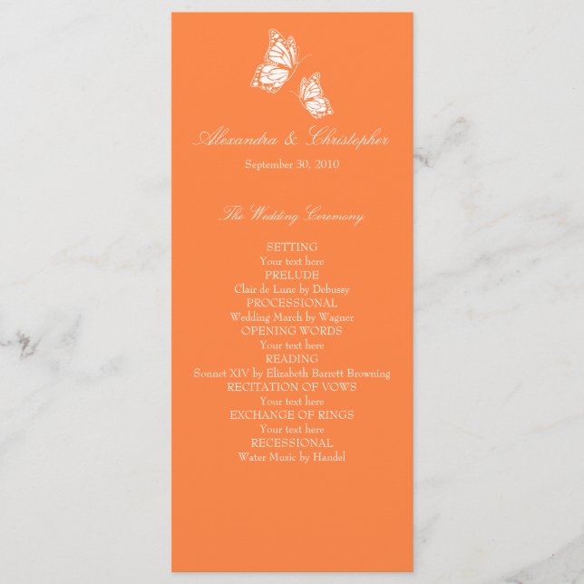 Simple Orange Papillons Programme de mariage (Devant)