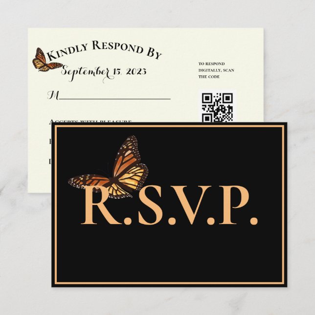 Simple papillon noir monarque QRC RSVP (Devant / Derrière)