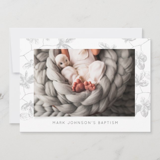 Simple Photo Grey Foliage Baptême Party Invitation (Devant)