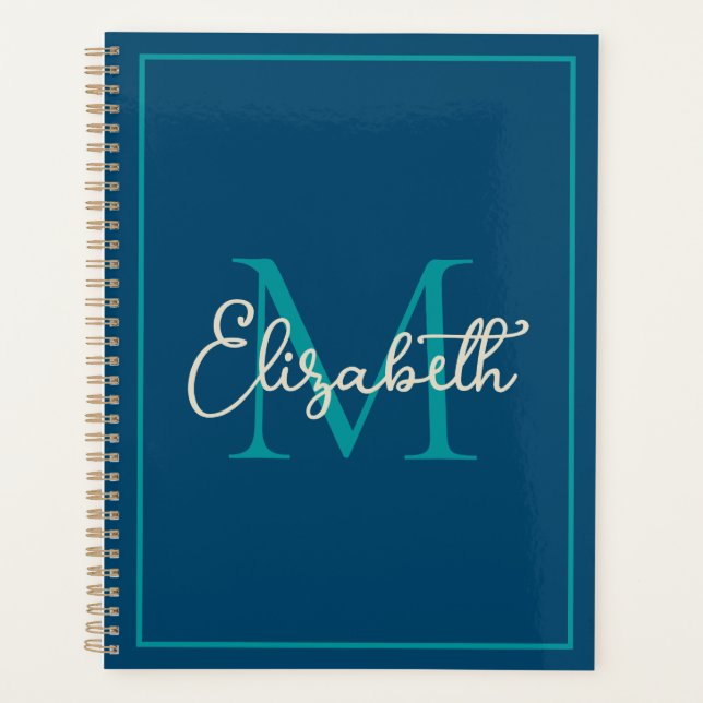 Simple Preppy Navy Turquoise et crème Monogramme (Devant)